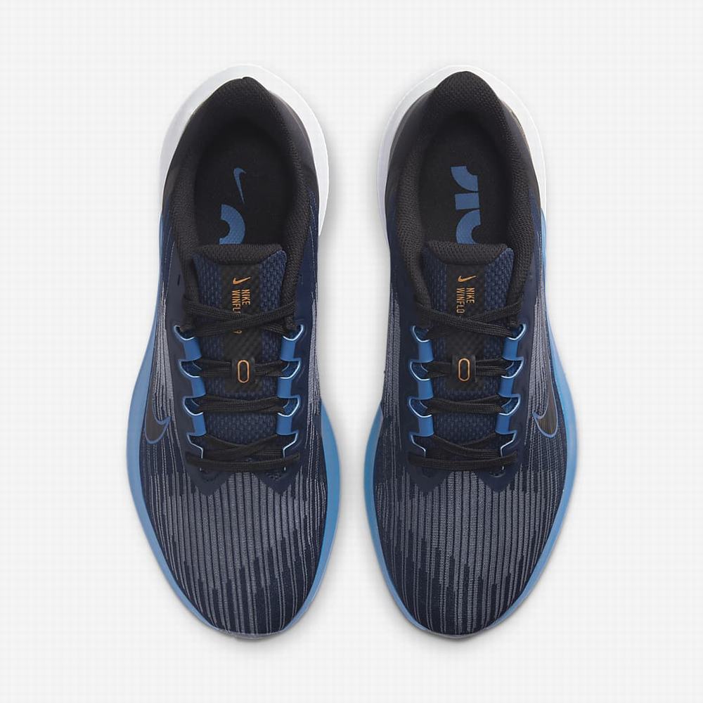Nike Air Winflo 9 Férfi Futócipő Obszidián Fekete Fehér Sötétkék | NI7830-Y10