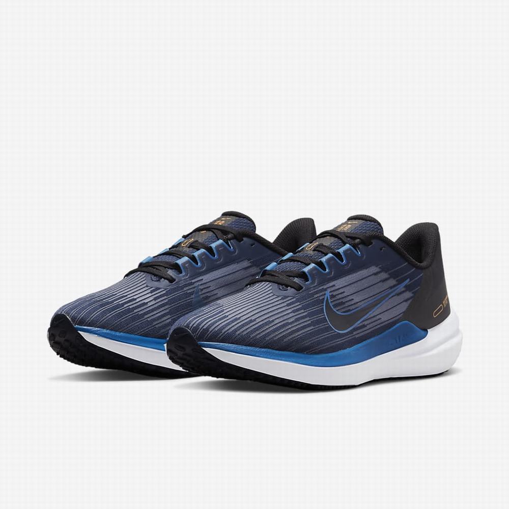 Nike Air Winflo 9 Férfi Futócipő Obszidián Fekete Fehér Sötétkék | NI7830-Y10