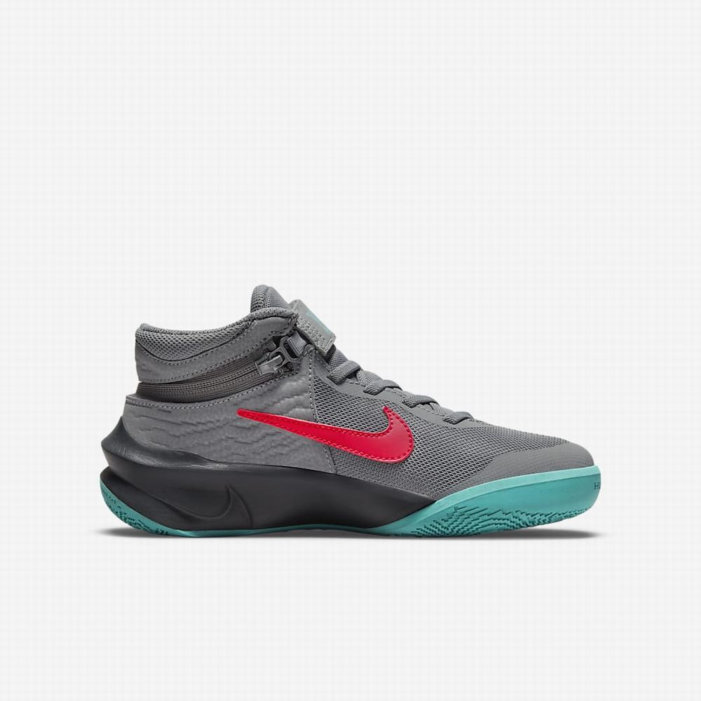 Nike Team Hustle D 10 FlyEase Gyerek Kosárlabda Cipő Szürke Sötétszürke Világoskék Türkiz Piros | NI9065-P09