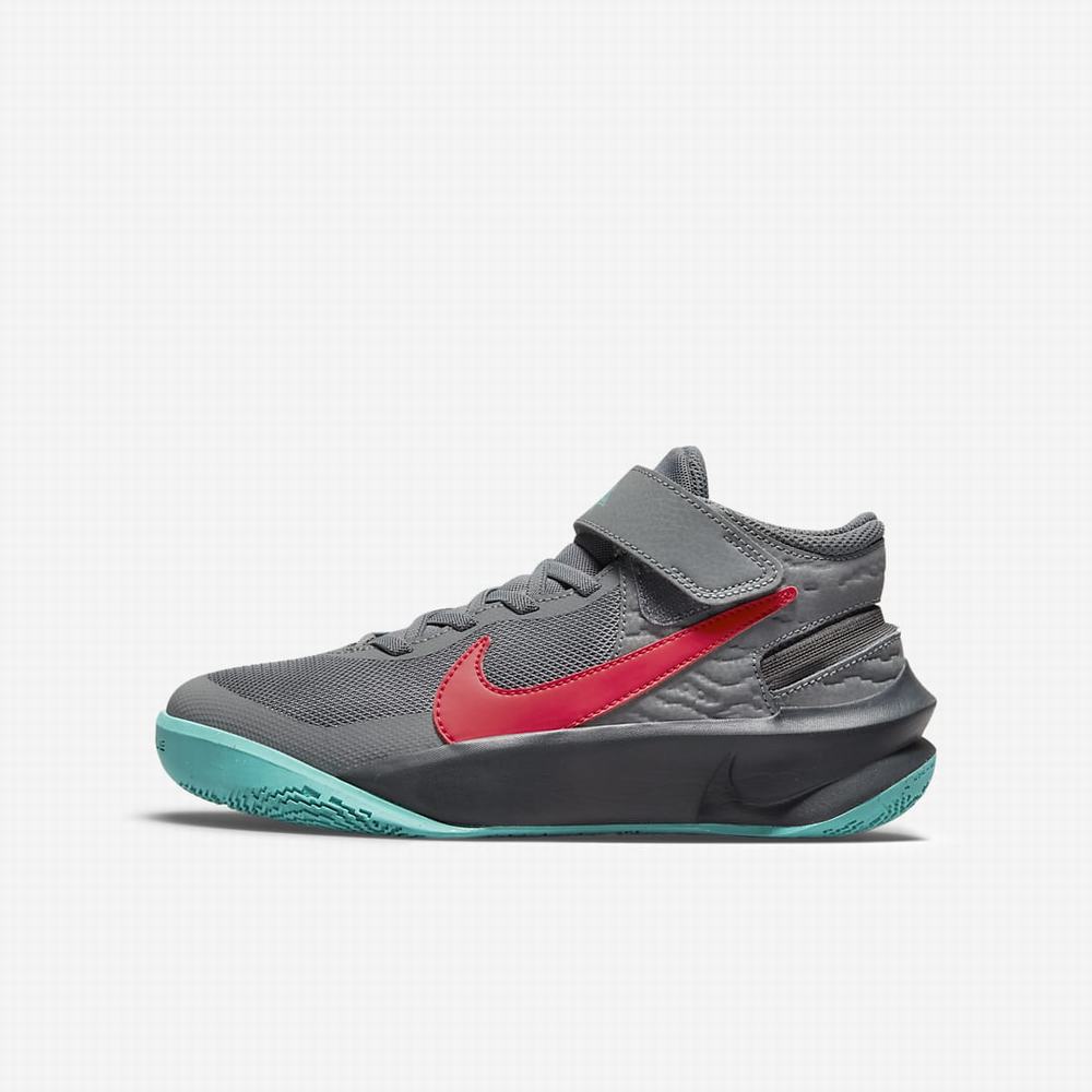 Nike Team Hustle D 10 FlyEase Gyerek Kosárlabda Cipő Szürke Sötétszürke Világoskék Türkiz Piros | NI9065-P09